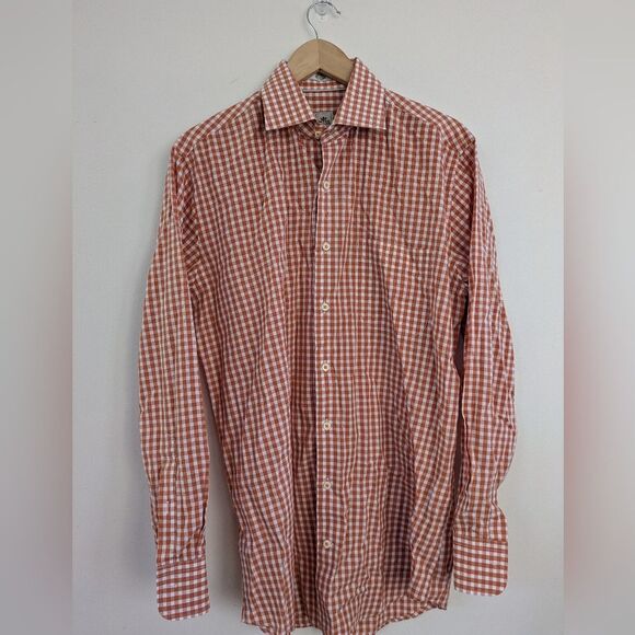 Peter Millar Shirt M Medium Orange Red White Check Button Up Long Sleeve gingham - Picture 1 of 6